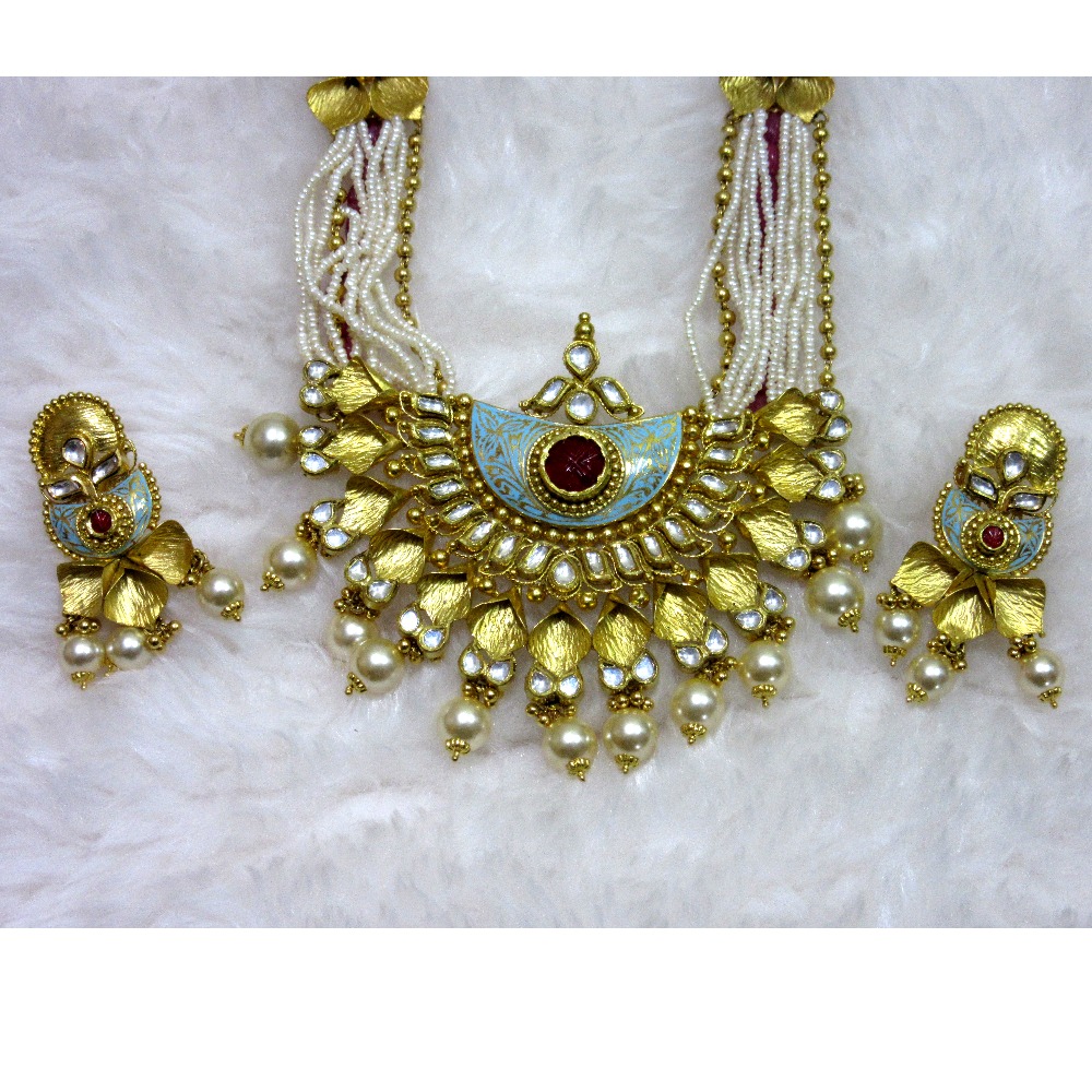 Long moti set skyblue meena semi jadtar set