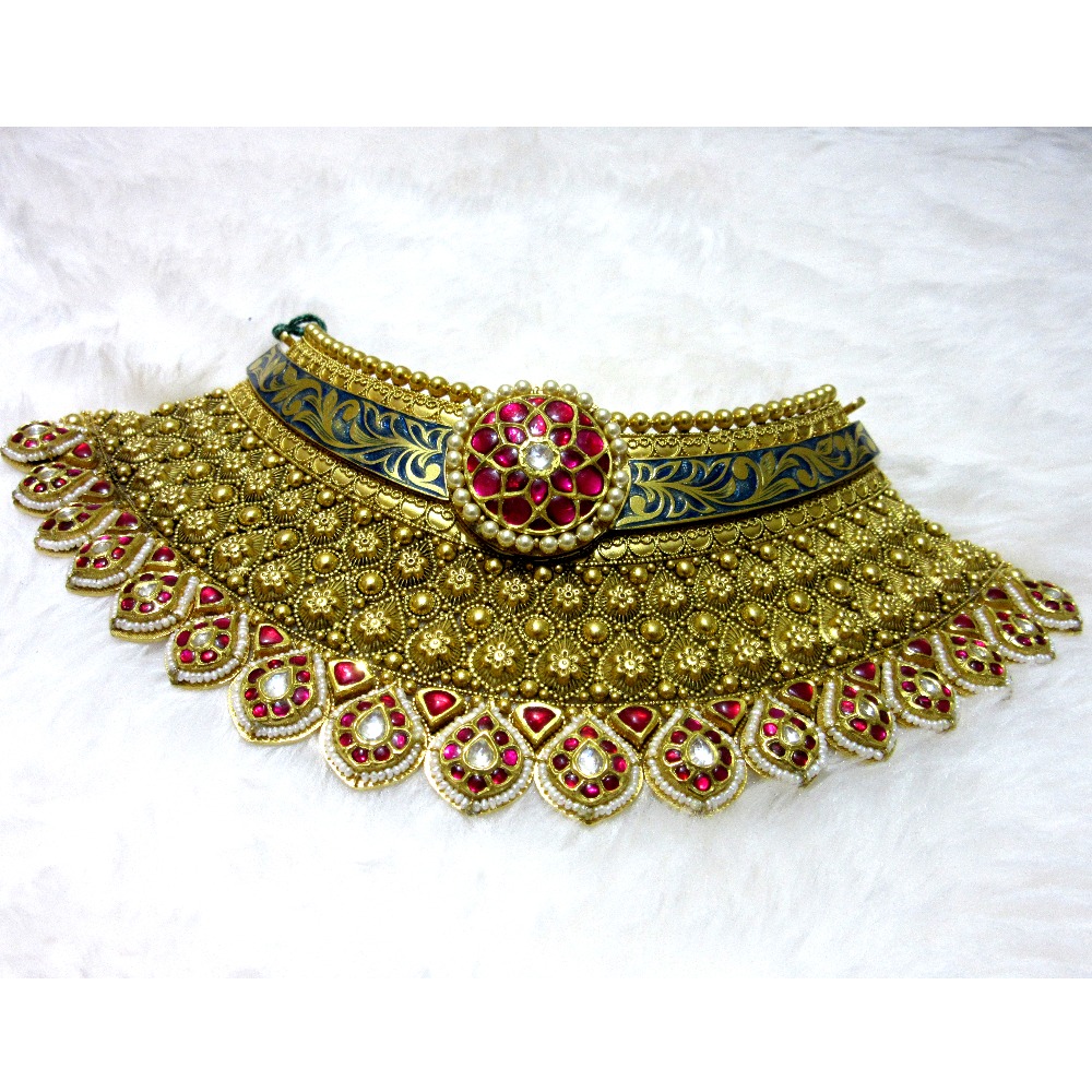 Gold jadtar chokar colorful antique necklace set