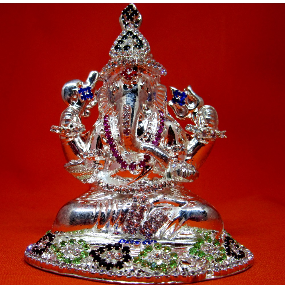 Silver shree ganesha diamond multi-color murti(statue)