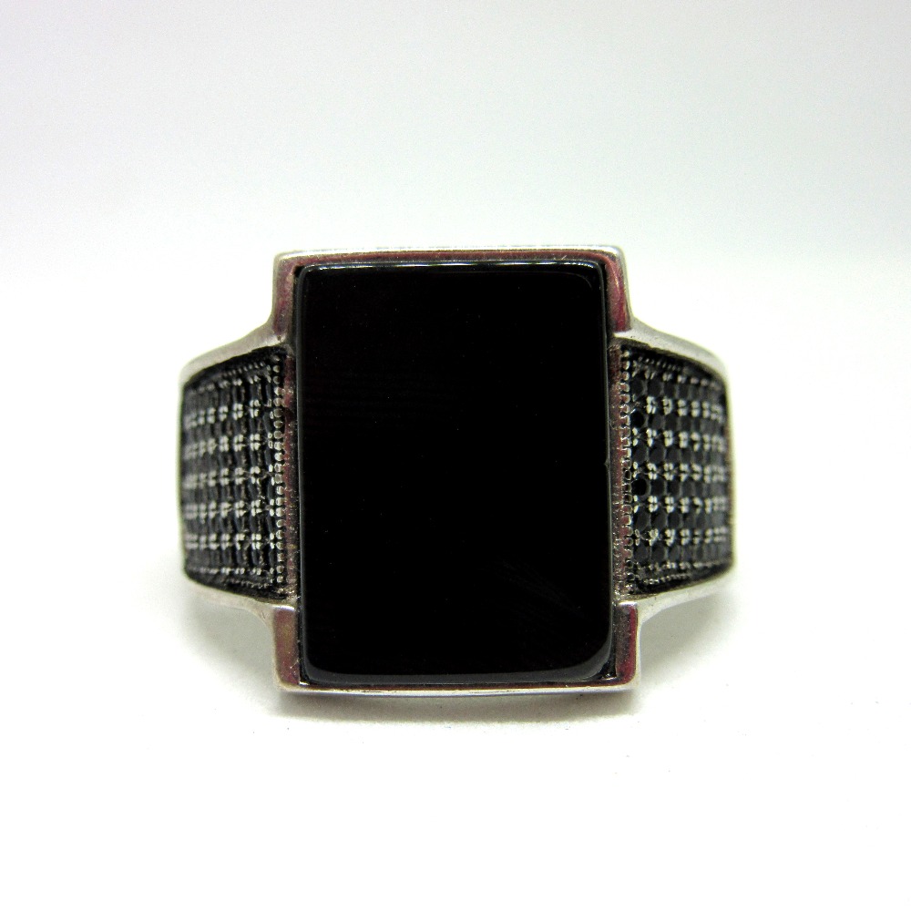 Silver 925 mirror finishing black stone ring for gent sr925-195