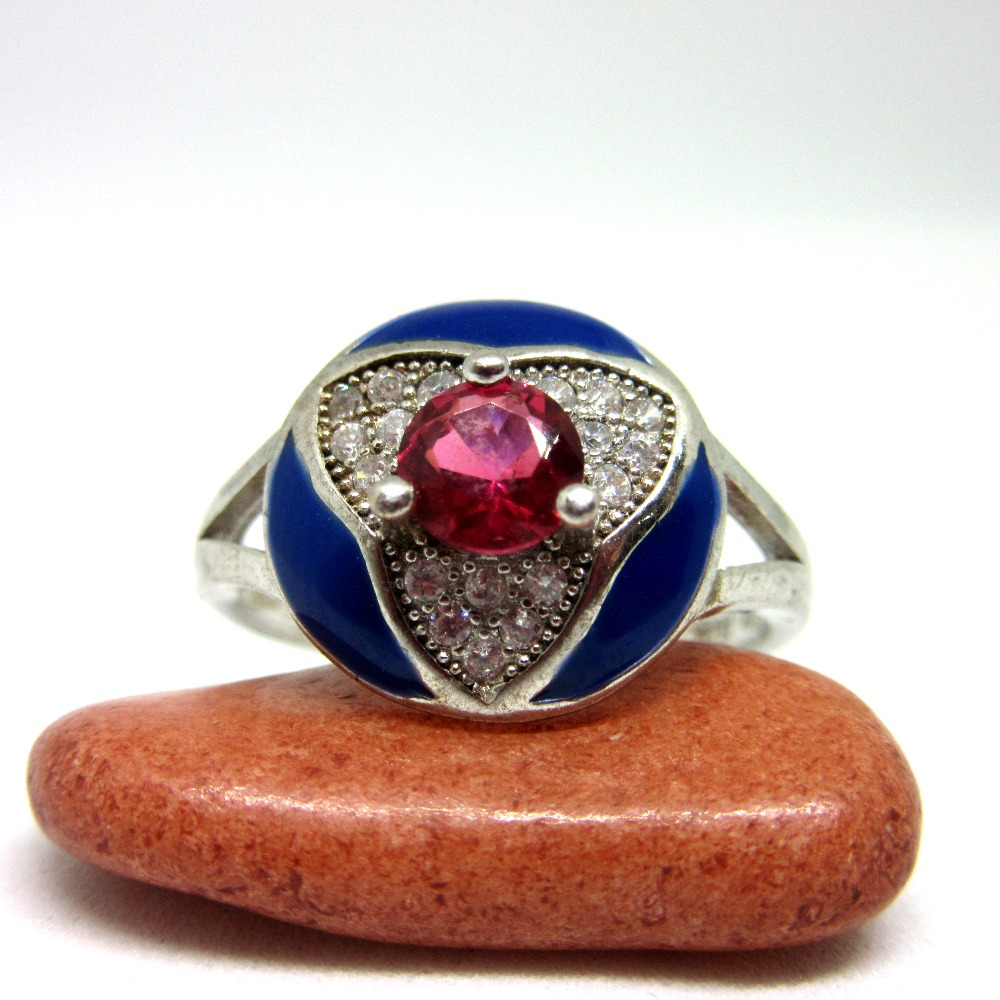 Silver pink stone blue meena ring sr925-209 - Image 2