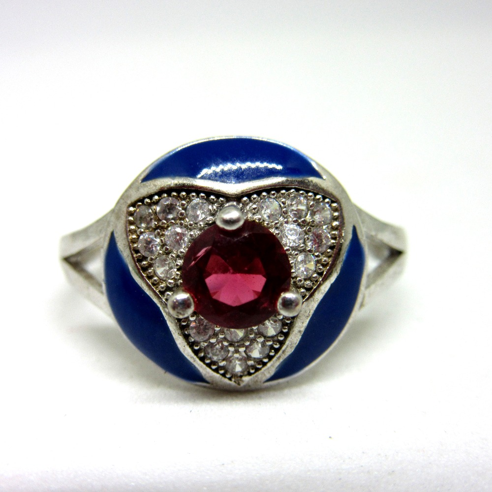 Silver pink stone blue meena ring sr925-209