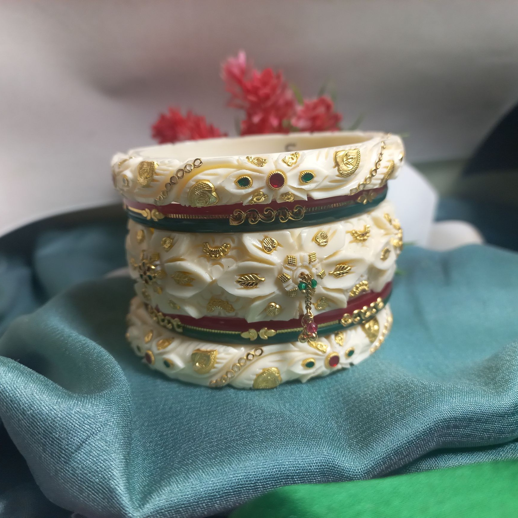 Gold Colorful Stone Red White Bangle Set For Bridal