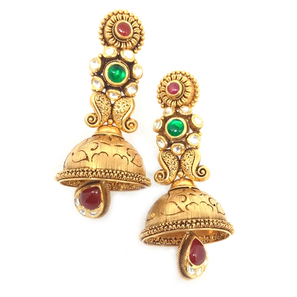 916 Gold Antique Colorful Jadtar Earring - LJ-4