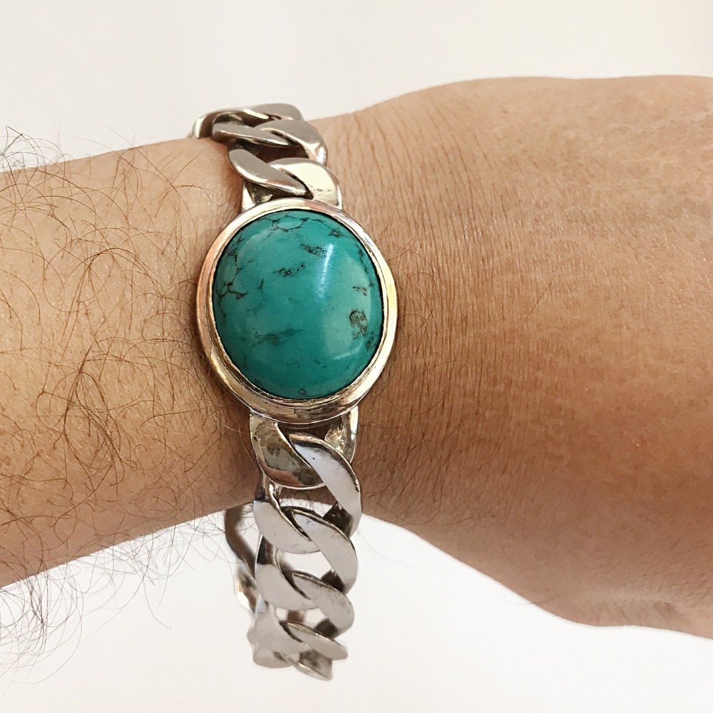 18 Kt Real Solid White Gold Natural Turquoise Stone Men'S Bracelet