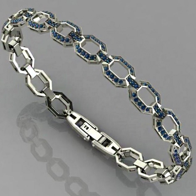 18 Kt White Gold Blue Cubic Zirconia CZ Unisex Vintage Bracelet