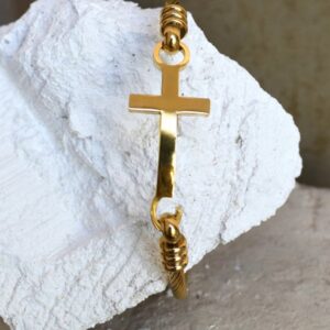 18 Kt Genuine Yellow Gold Cross Religious Women's Bracelet Bangle 25g