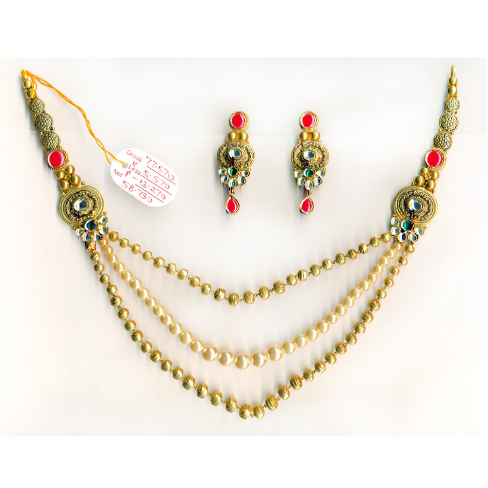 22KT Gold Light Weight Beaded Long Necklace Set-019