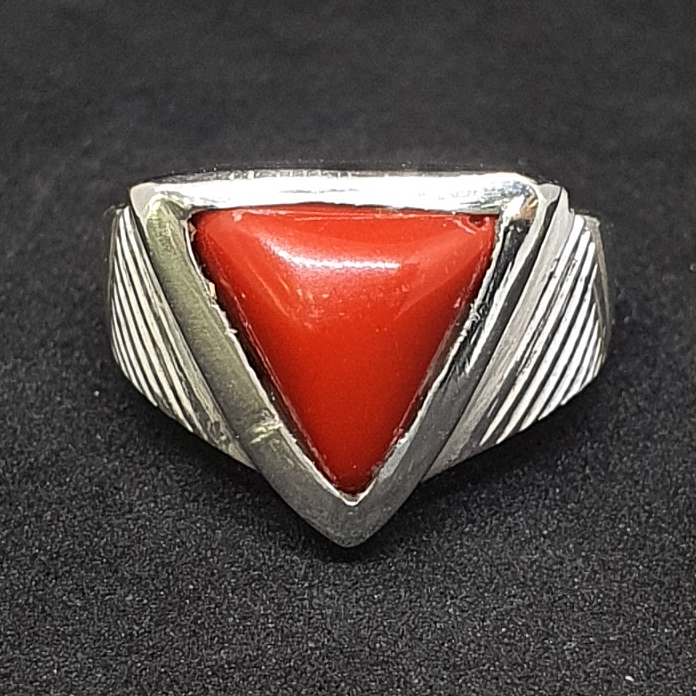 Natural Corel Silver Gents Ring