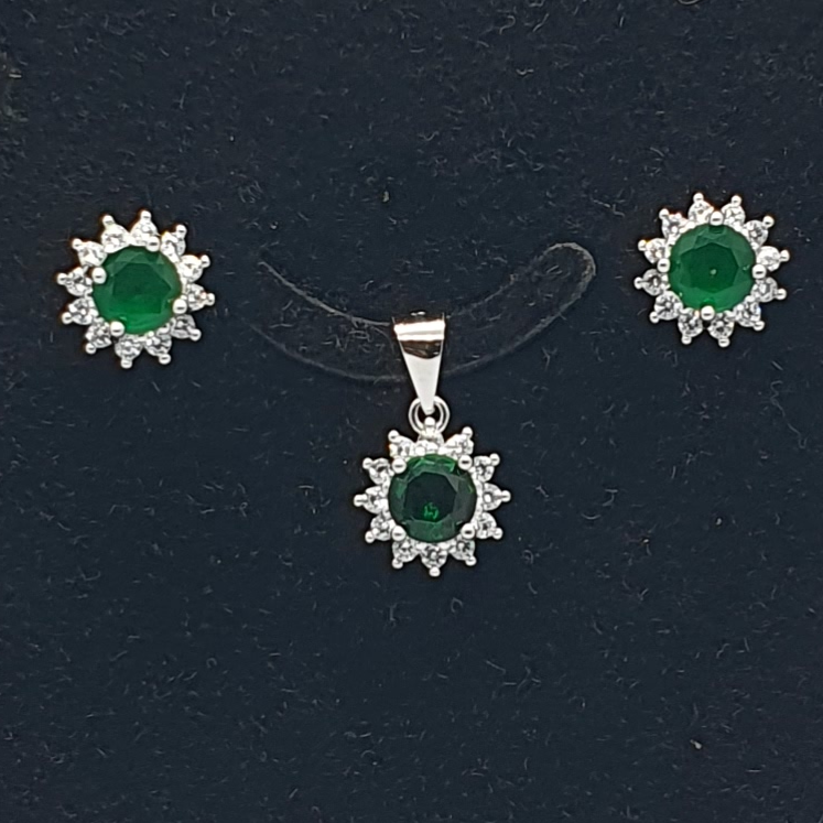 Silver 92.5 Green Stone Ladies Pendant Set
