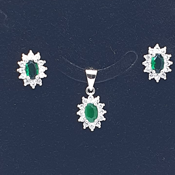 Silver 92.5 Green Stone Pendant Set