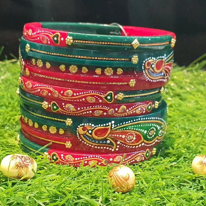 Gold Bangles Red Green Peacock Design Chudi Set