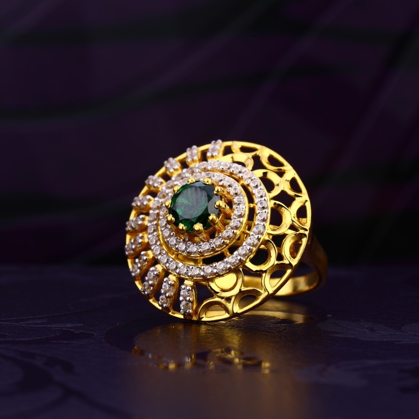 22K Gold Diamond With Green Stone Ring
