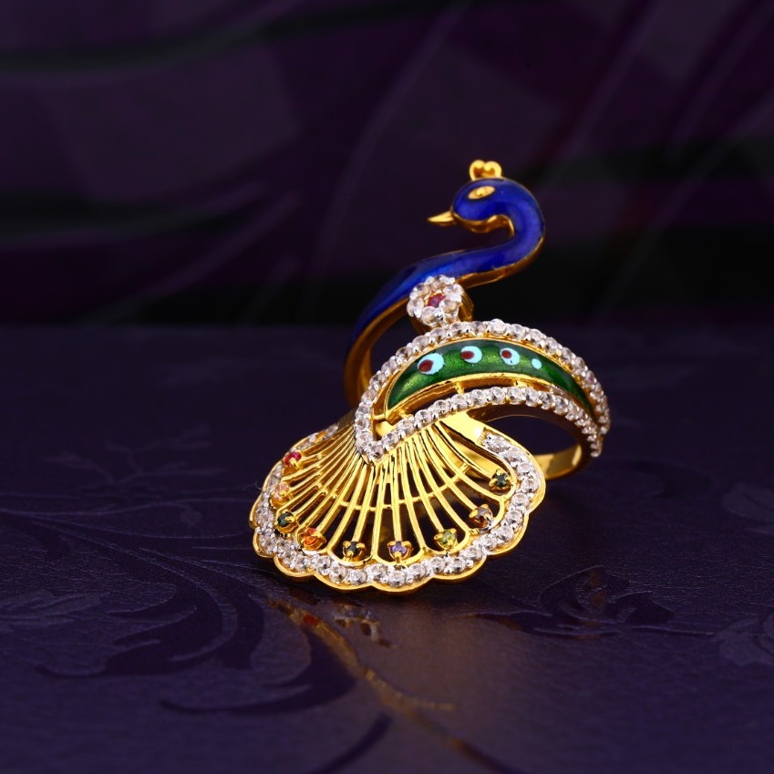 22K Gold Navratna Diamond Peacock Design Ring