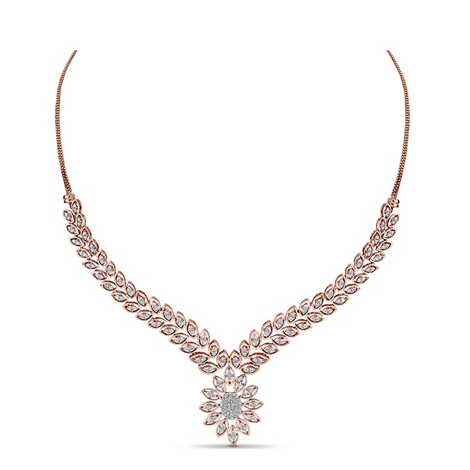 22kt Gold And Diamond Studded Leafy Curve Design Necklace JKN010