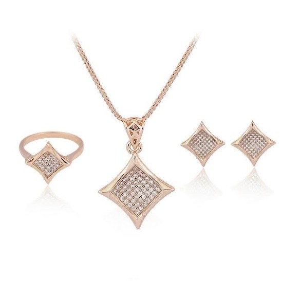 18 Karat, Rose Gold Chain, Pendant, ring And Earrings diamond shaped Set For Women JKP002