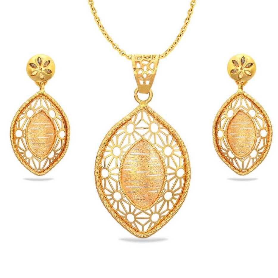22 Karat, 916 Hall-Marked, Yellow Gold Modern oval cut shaped arabic textured design Earrings And Pendant Set For Women Jkp007