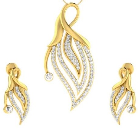 22 karat, 916 hall-marked, yellow gold descending leaf design with white american diamonds pendant with earrings set jkp012
