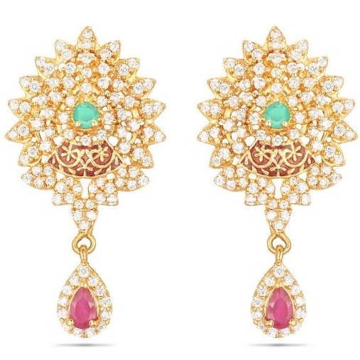 22kt, 916 Hm, Yellow Gold rounds Earrings with pink Diamonds Jke107.