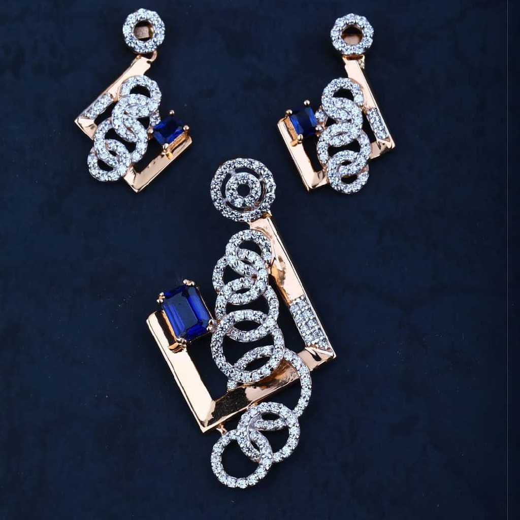 916 Gold CZ Blue Stone Pendant Set