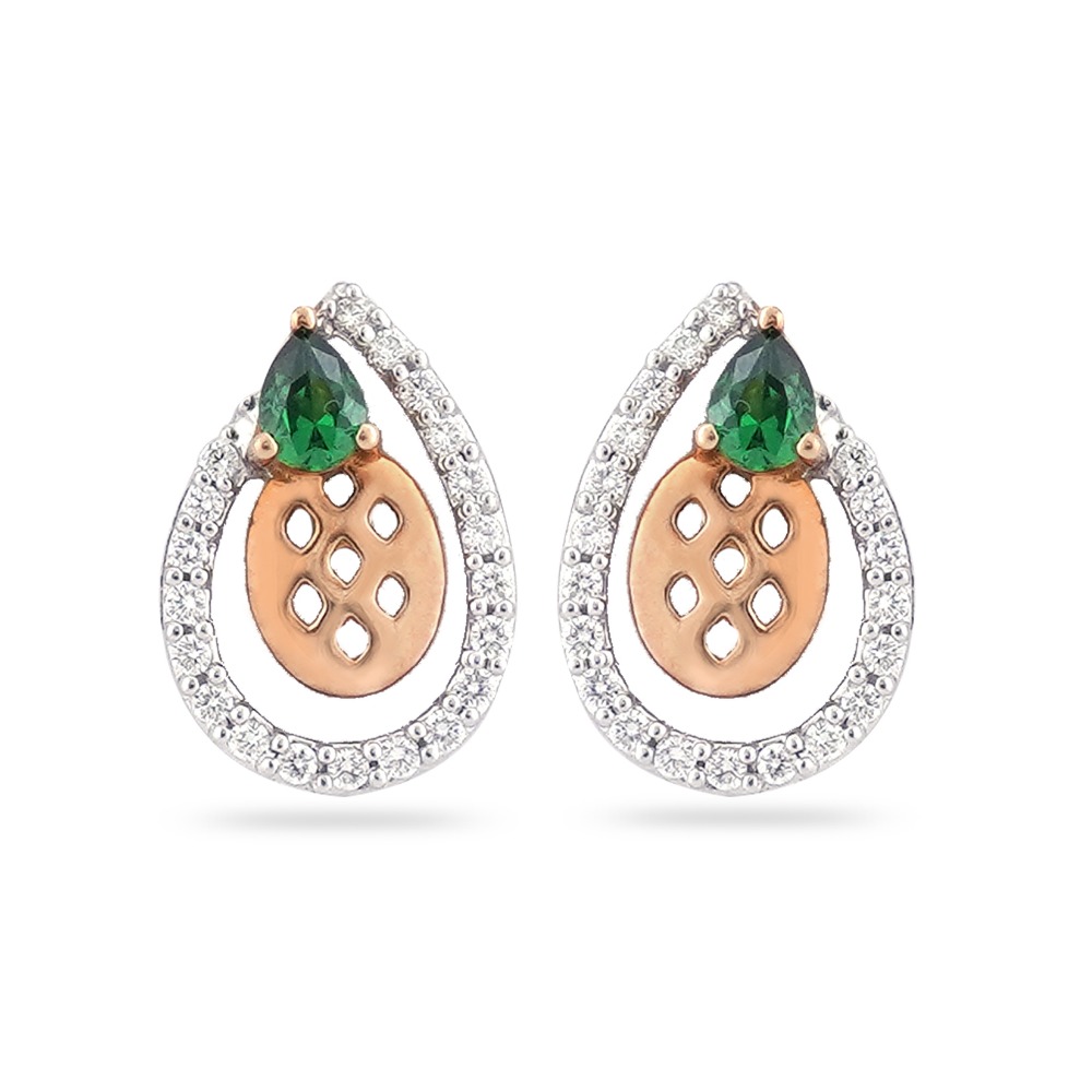 22KT Gold Green Stone Classic Design Diamond Earring