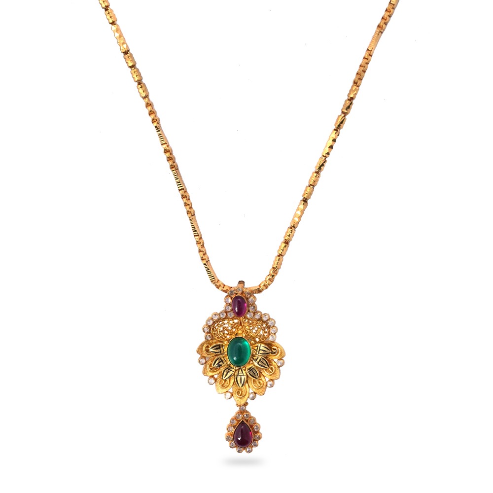 22K Gold Green Stone Pendant Set