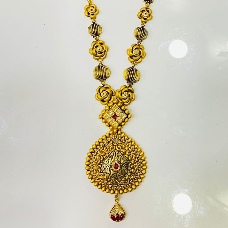 916 Gold Antique Long Necklace Set For Wedding