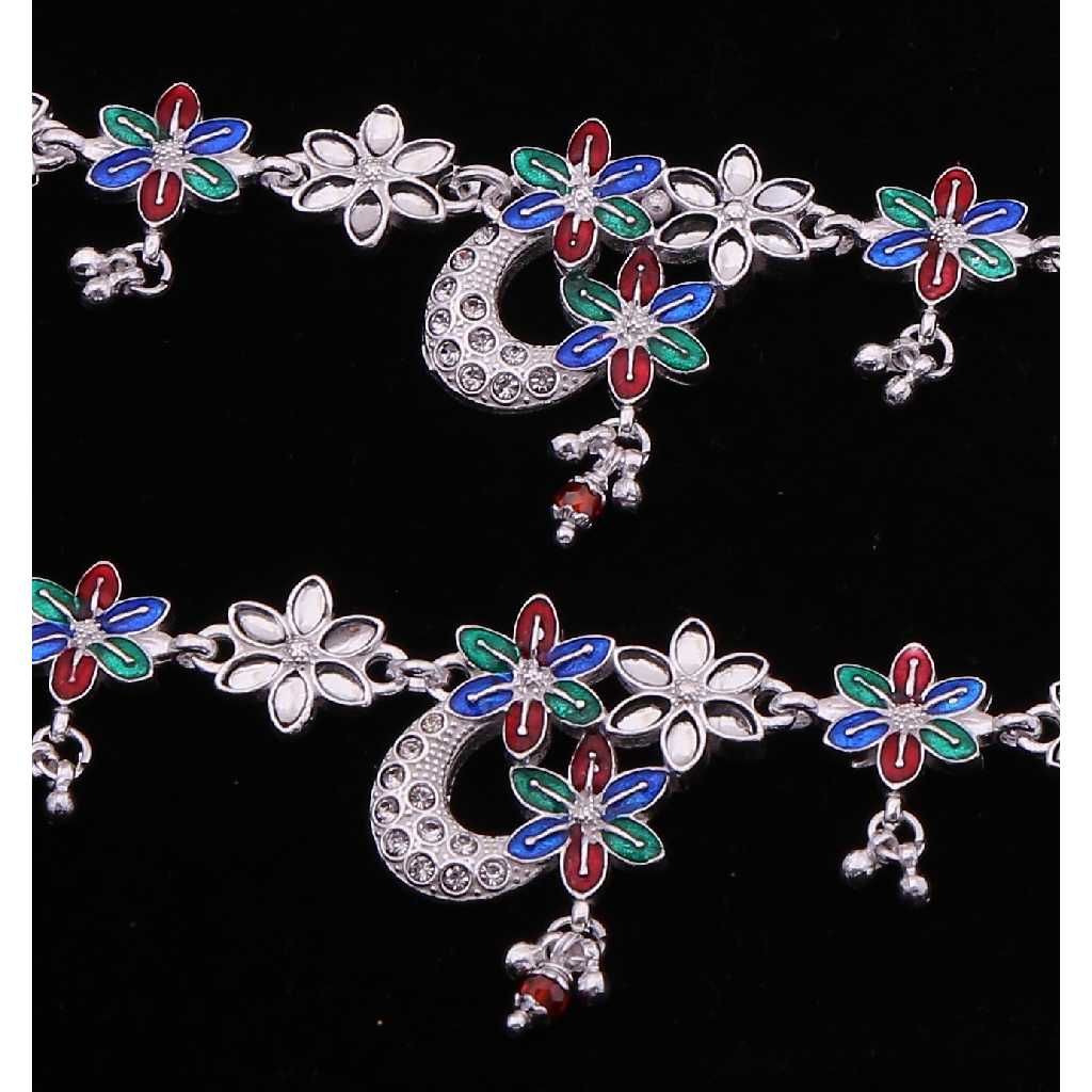 Flower Shape Colorful Silver Antique Payal - Image 2
