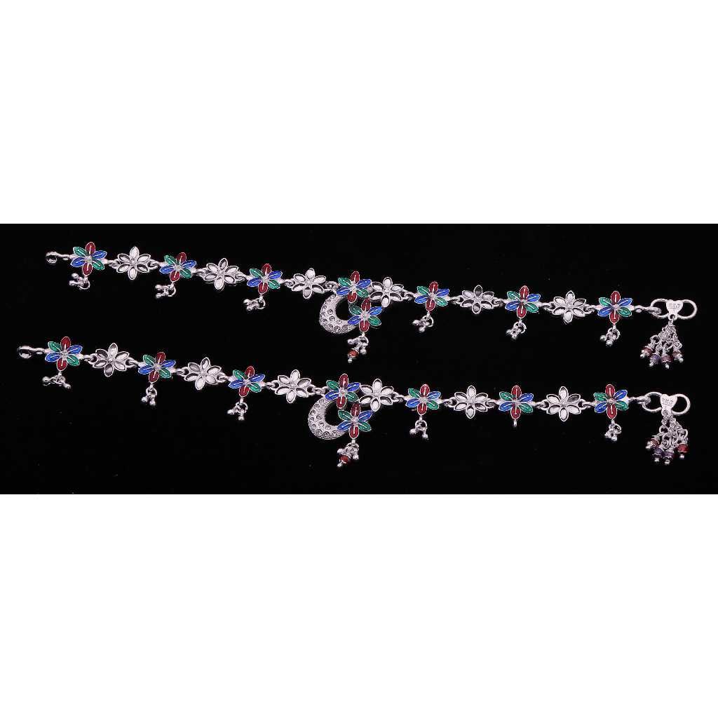 Flower Shape Colorful Silver Antique Payal