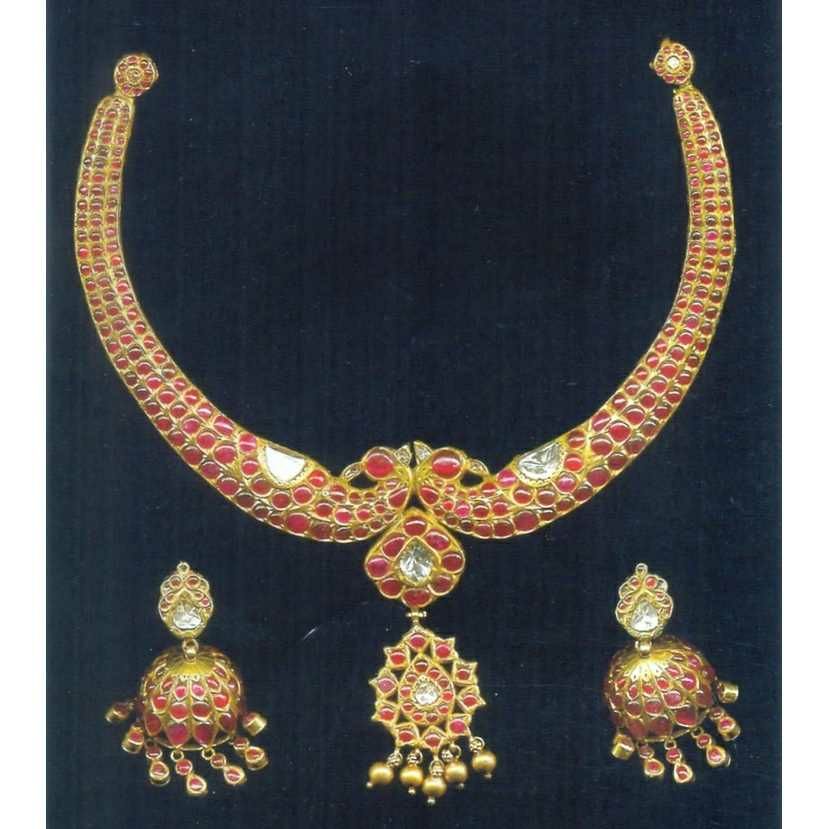 916 Gold Ladies Jadau Handmade Necklace Set
