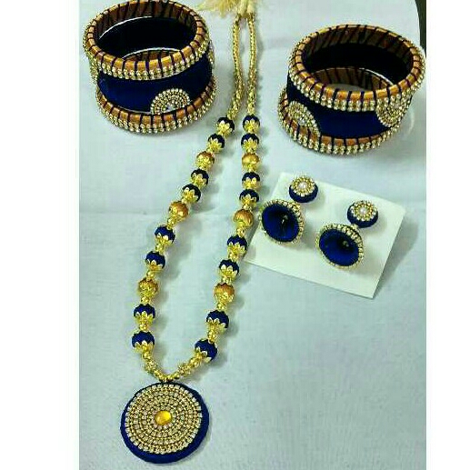 Fancy Indian Blue and golden silk thread jewellery set