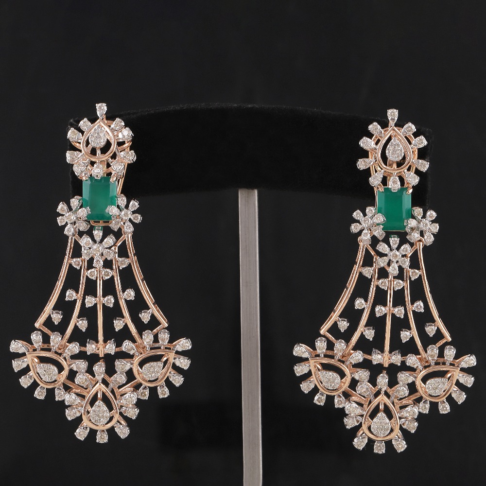 18kt rose gold green stone drop shaped  diamond earrings