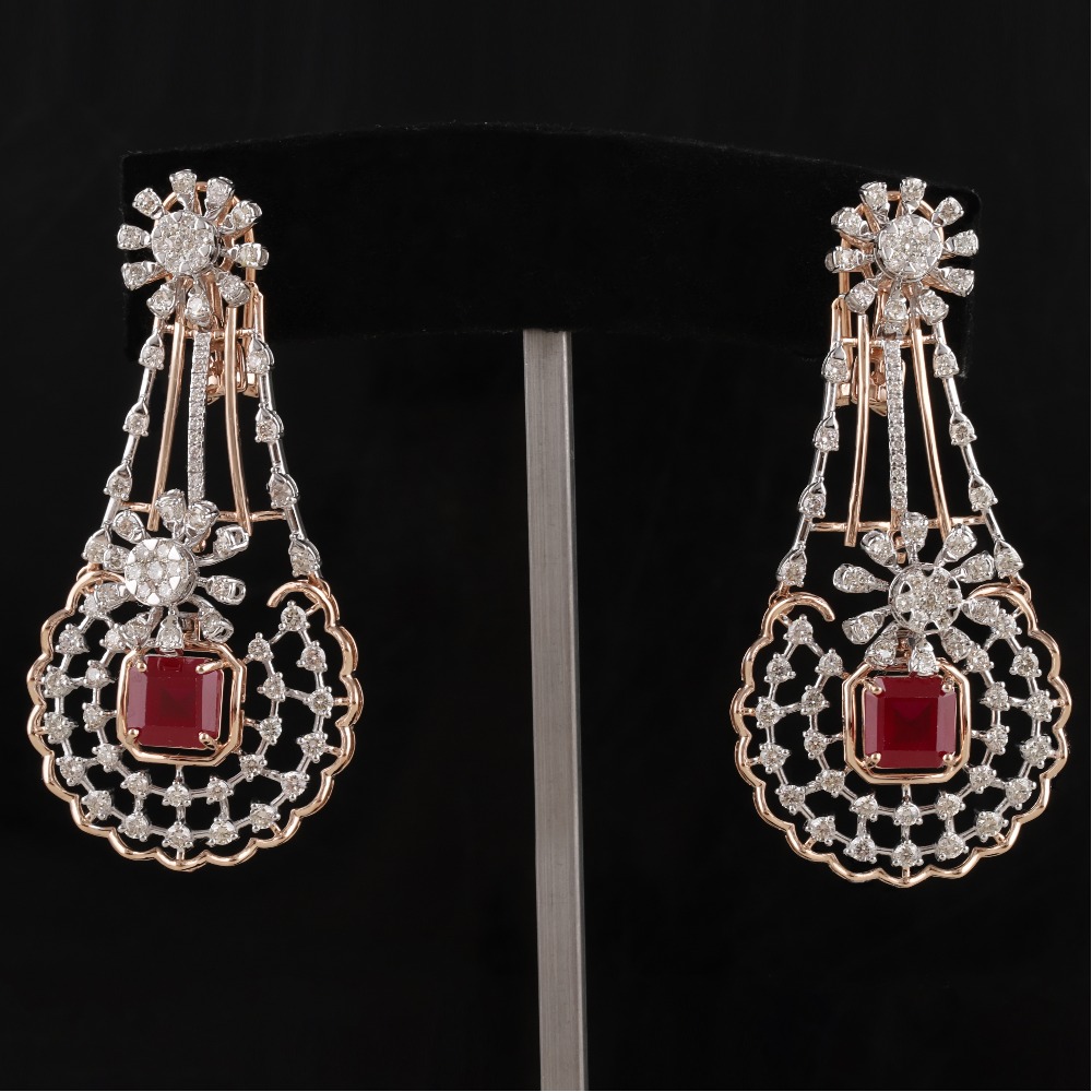 18kt rose gold red stone diamond fancy earrings