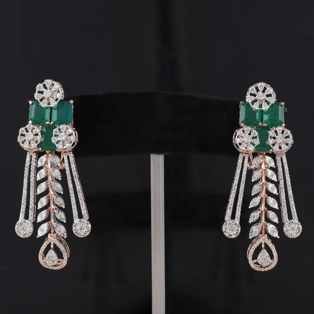 18kt rose gold green stone diamond pan shaped earrings
