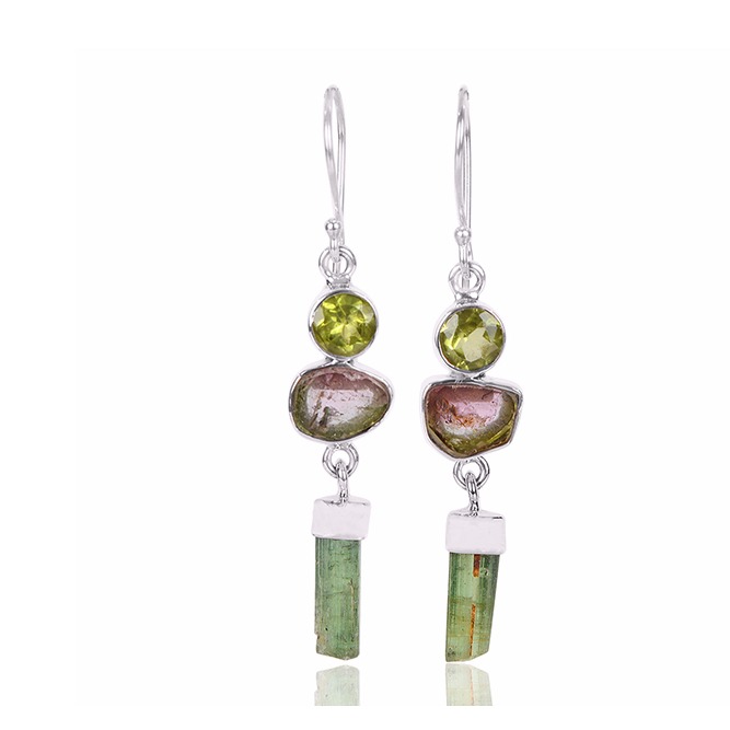 Peridot And Tourmaline Gemstone 925 Sterling Silver Drop & Dangle Earring