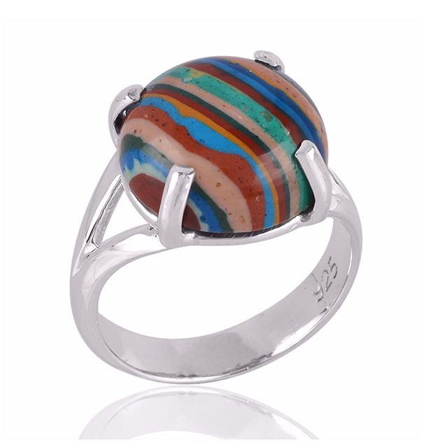 Rainbow Calsilica Gemstone 925 Sterling Silver Ring