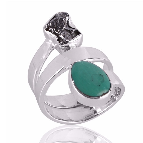 Meteorite Rough And Tibetan Turquoise Gemstone 925 Sterling Silver Ring - Image 2