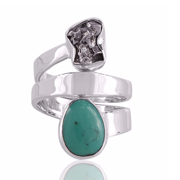 Meteorite Rough And Tibetan Turquoise Gemstone 925 Sterling Silver Ring