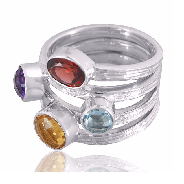 Amethyst Citrine Garnet And Sky Blue Topaz Gemstone 925 Sterling Silver Ring