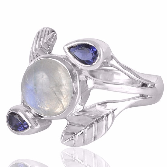 Iolite And Rainbow Moonstone Gemstone 925 Sterling Silver Ring