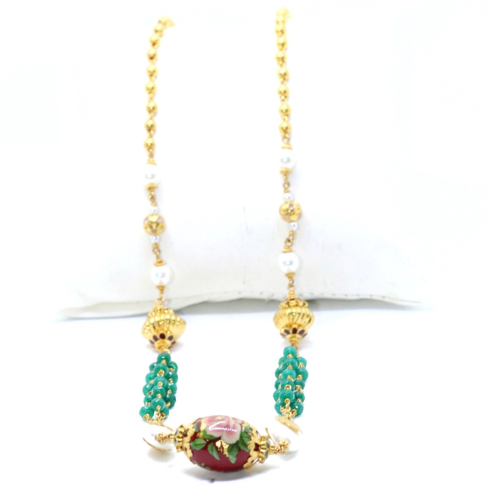 22KT / 916 Gold Fancy 3 line Green Stone Mala With White Moti For Ladies CHG310