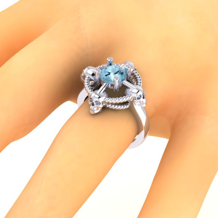 925 Sterling Silver Aqua CZ Skull Wedding Band For Woman