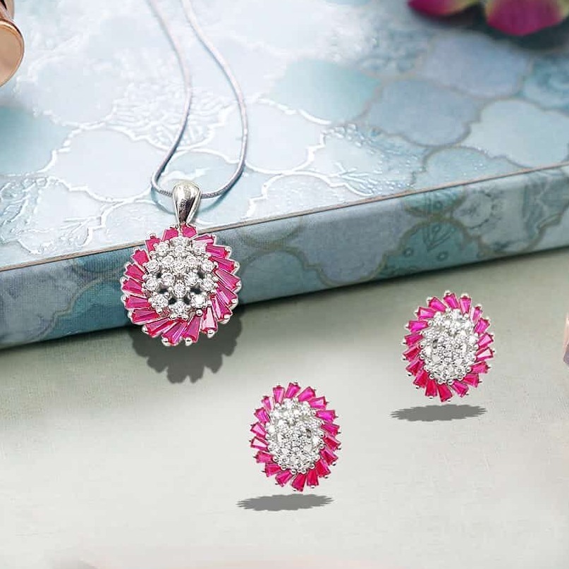 925 Silver Pink Stone Pendant Set