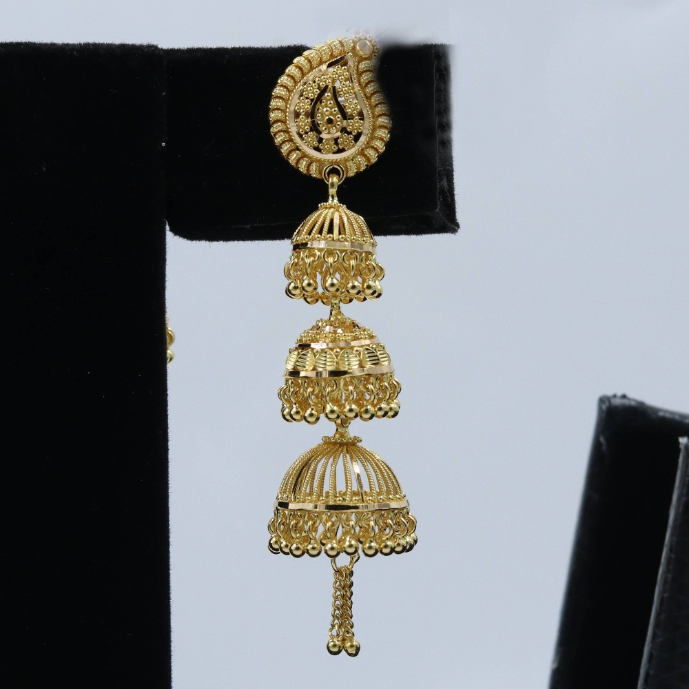 22k Gold Long 3 Layer Jumkha Earring