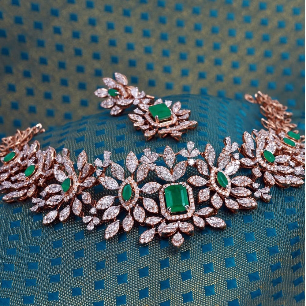 Designer Floral Design Green Stone Diamond Necklace Set