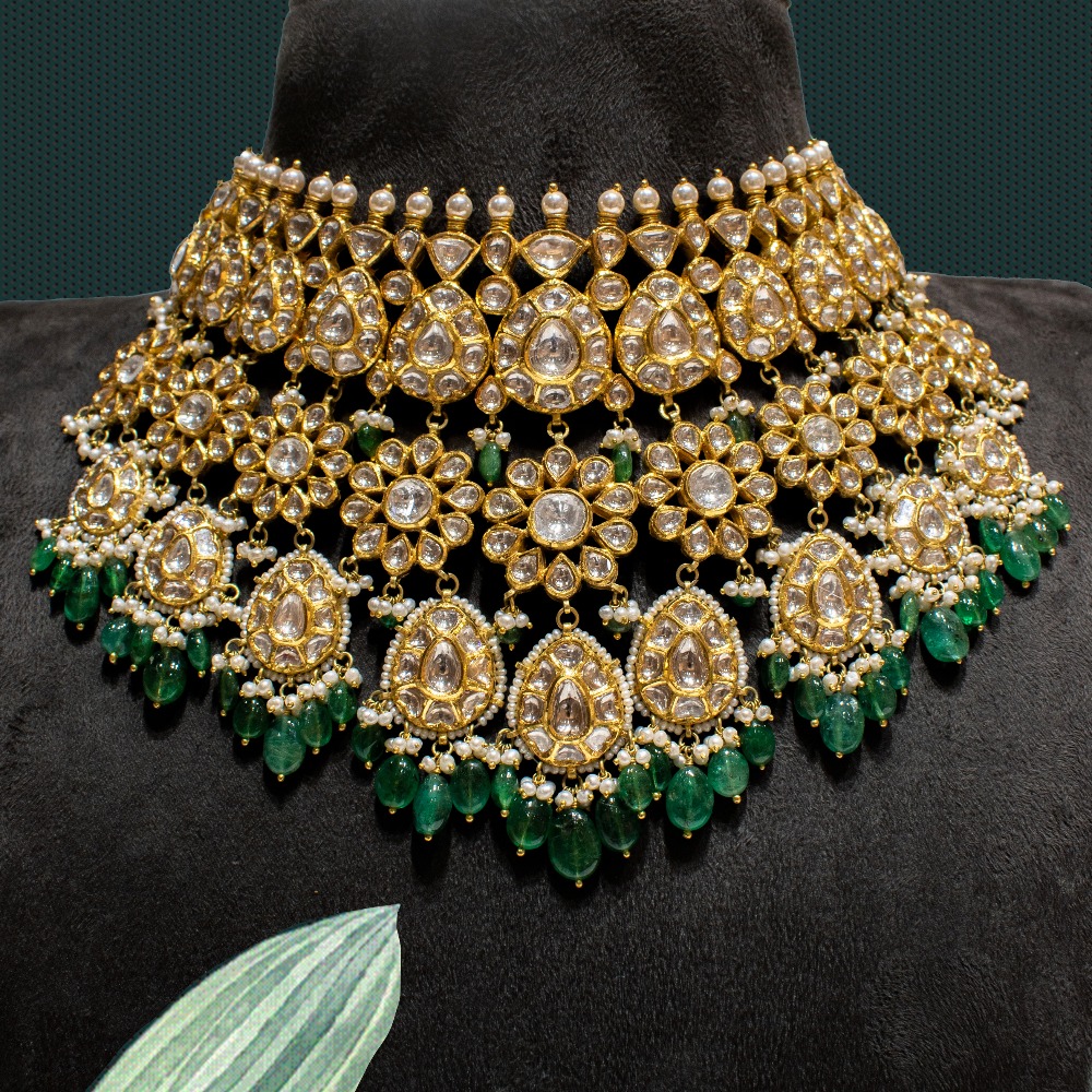 22K Gold Green Pearl Jadau Necklace Set For Wedding