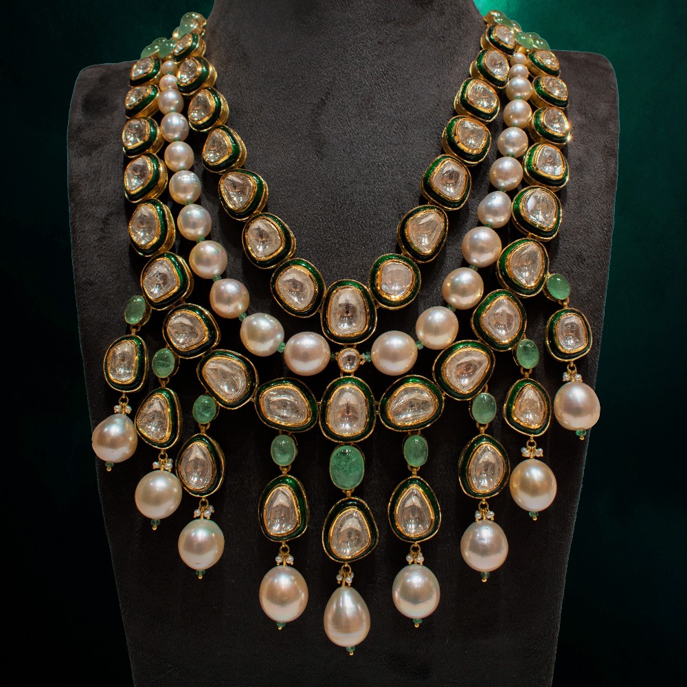 22KT Gold 3 Layer Kundan With Pearl Necklace Set