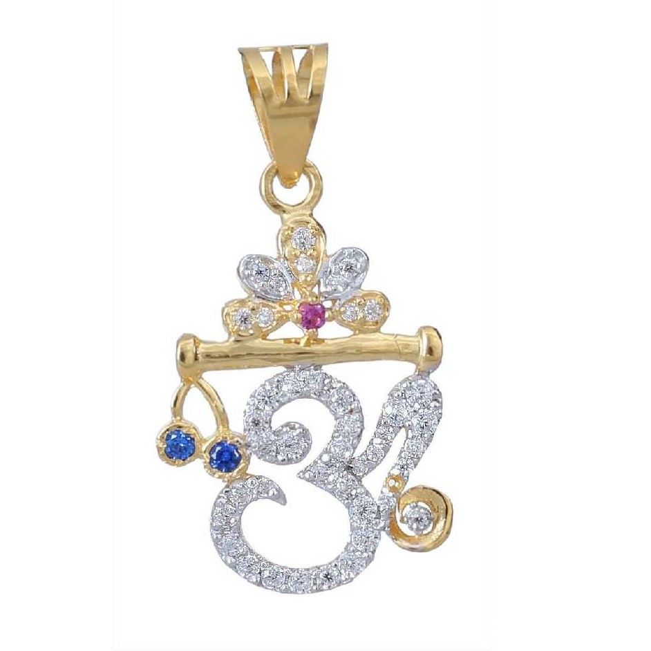 18KT Gold Stylish CZ Stone Om Pendant