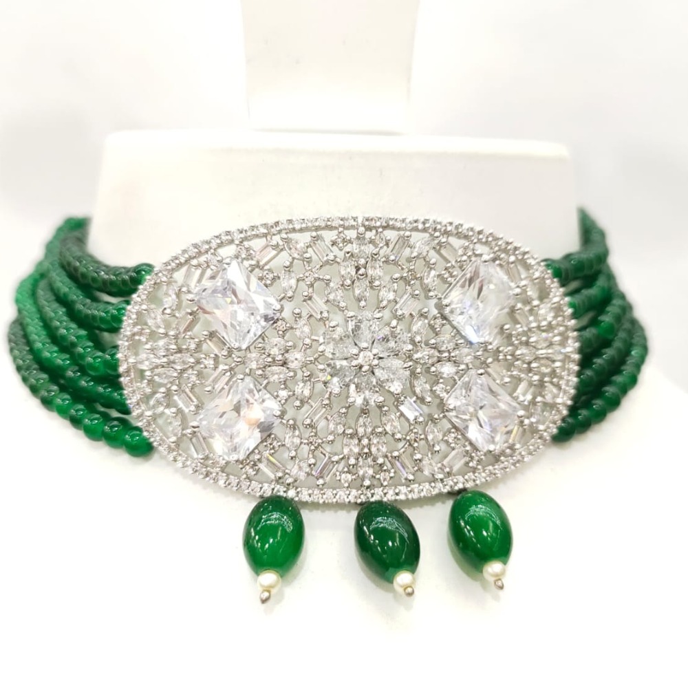 Green Beads multi string with silver design choker set 1500