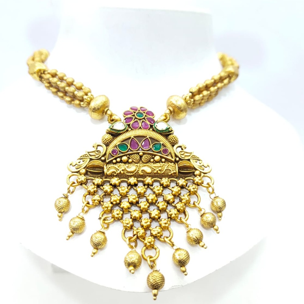 Antique Gold tone Flower Design & Hanging Bead Necklace set 1413